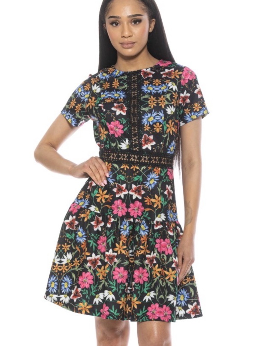 Alexia Admor Floral Fit-and-Flare Short Sleeve Dress with lace trim